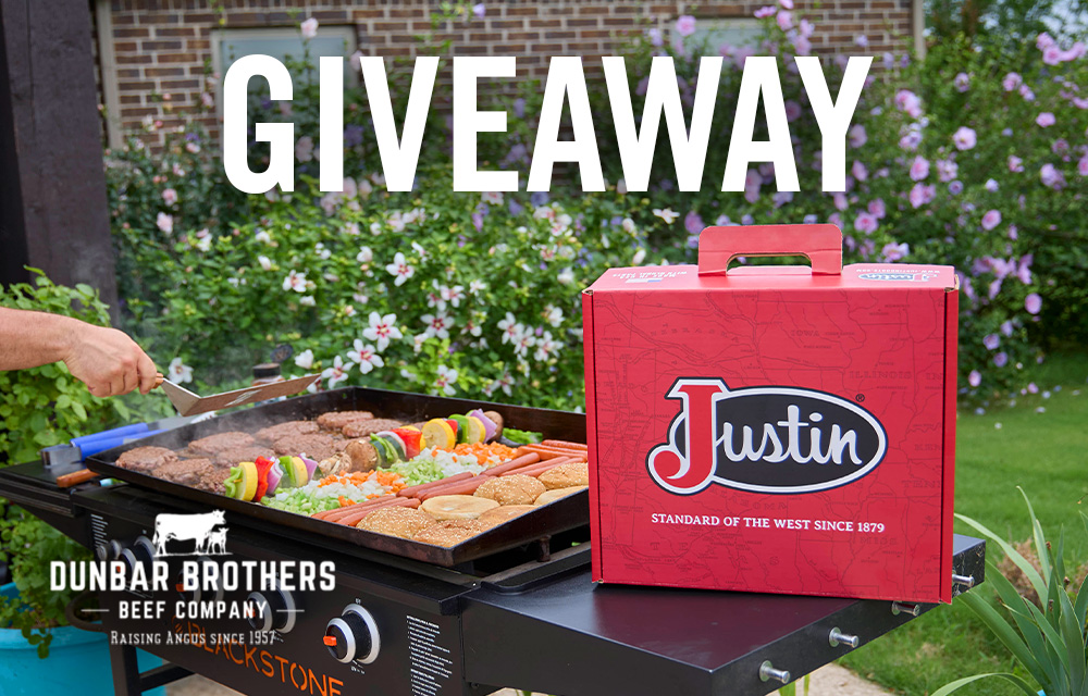 Giveaway. Dunbar Brothers Beef Company logo. A Justin boots Shoe box sitting next to food cooking on a grill.